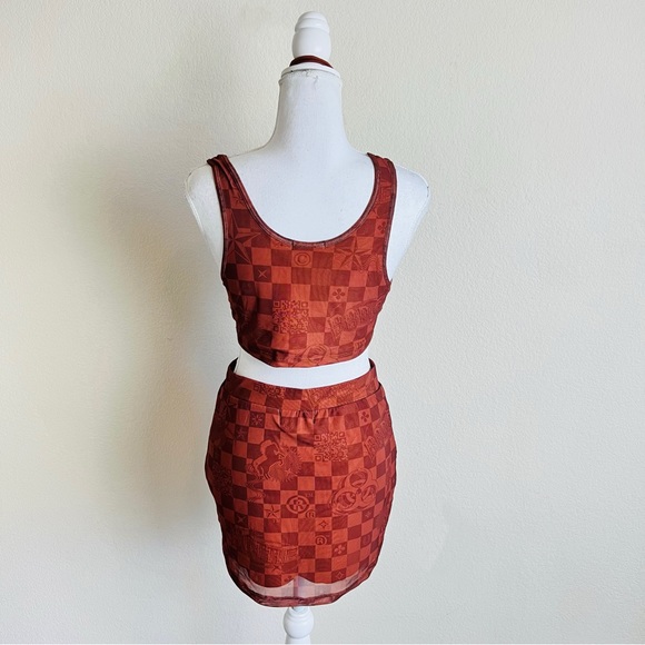 Dolls Kill Luxury Vibes Brown Mesh Checkered Crop Top, Mini Skirt & Mask Set - Picture 2 of 16